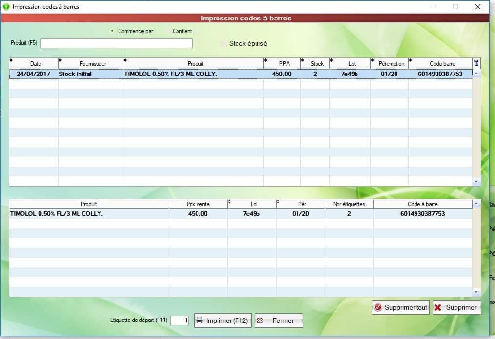 Impression d'étiquettes codes-barres EASYPHARM avec lots et péremption