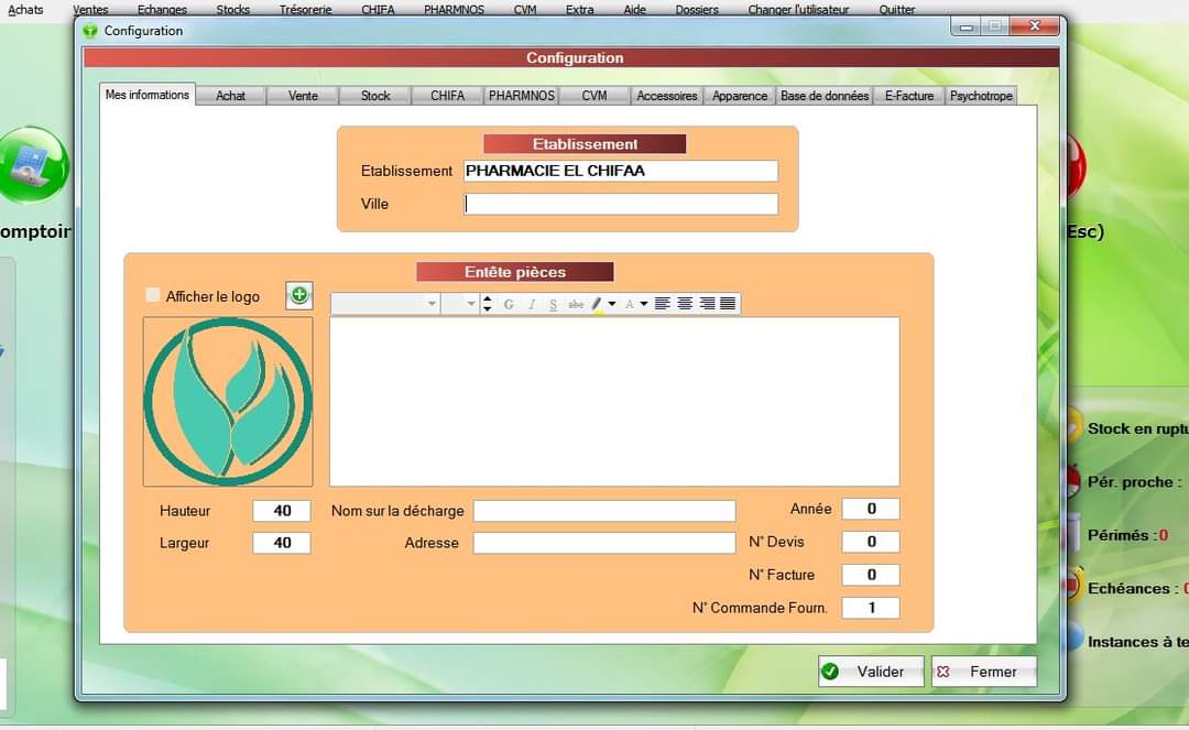 Fenêtre de configuration EASYPHARM : établissement, en-tête des pièces et numérotation