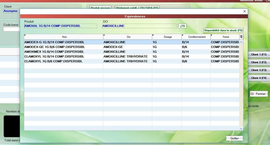 Fenêtre d'équivalences d'EASYPHARM listant les génériques d'amoxicilline disponibles